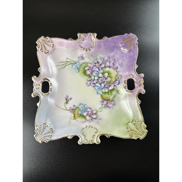Vintage Porcelain Square China Plate - Hand-Painted Blue Purple Violet Flowers - Picture 2 of 10